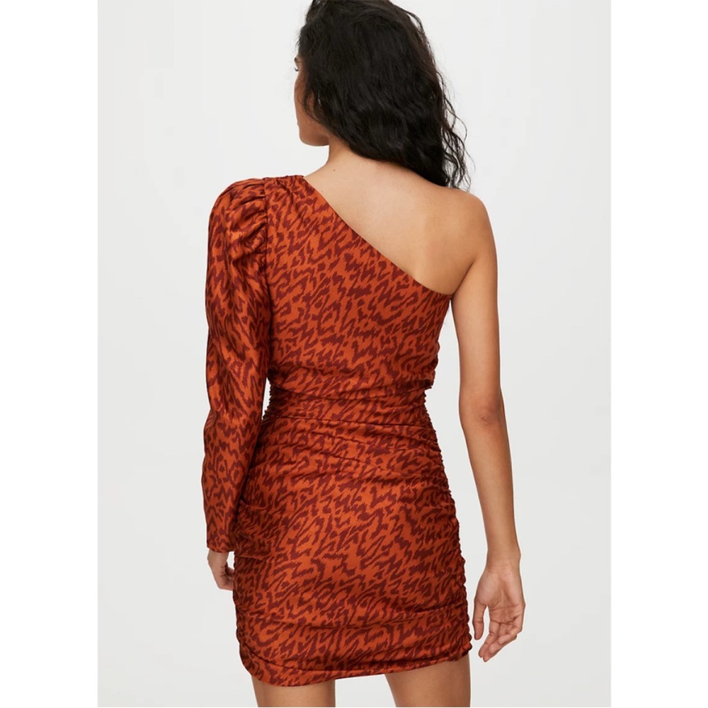 Aritzia Wilfred Rhapsody One Puff Sleeve Animal Print Ruched Mini Dress size 2 - Picture 3 of 16
